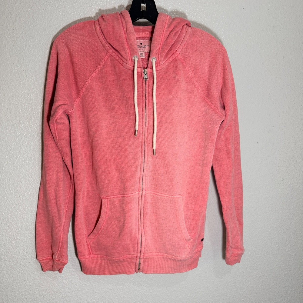 American Eagle Pink Full Zip Hoodie Sweatshirt Small Raglan Sleeve